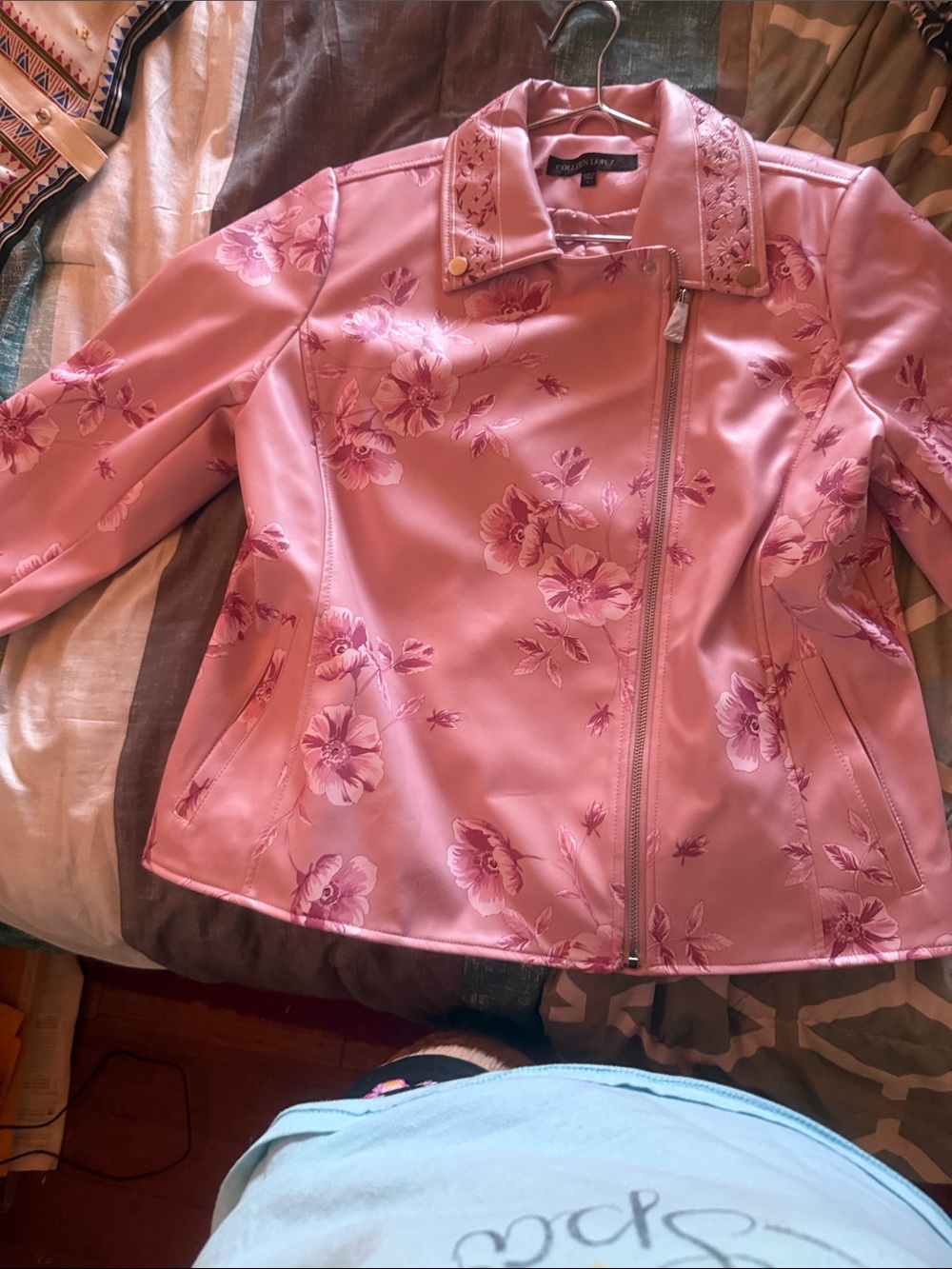 Worthington Pink Floral Faux Leather Moto Jacket with Studded Collar